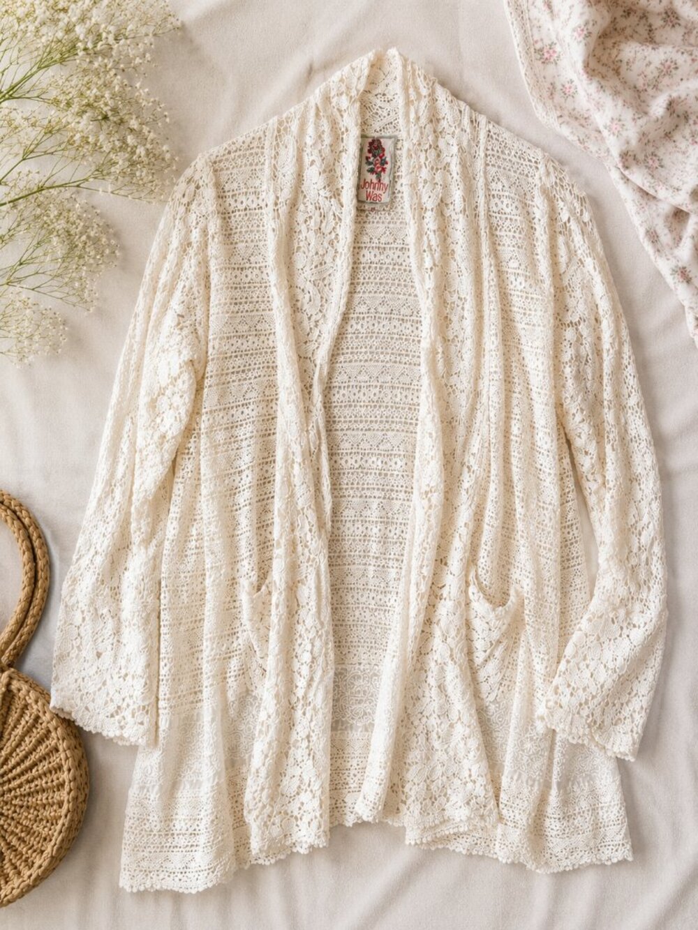 Johnny Was Ivory Crochet Lace Kimono Cardigan Boho Festival Cottagecore M